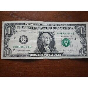 US $1 Dollar Bill Fancy Serial Number B 88994444 B Extremely Cool Rating 99.8%